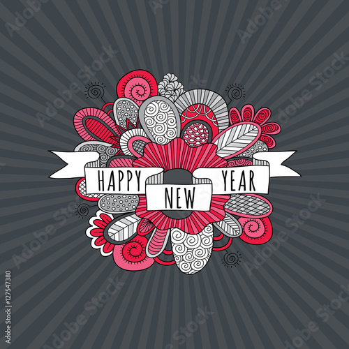 Happy New Year ribbon banner with the words happy new year, doodles, swirls and sparklers on a grey sunburst background, vector illustration.