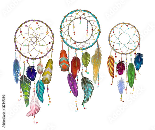 Colorful detailed Dream catcher set, painted watercolor design. Hand drawn editable elements, realistic style, vector illustration. Ethnic Colored feathers, isolated on background,sketched collection.
