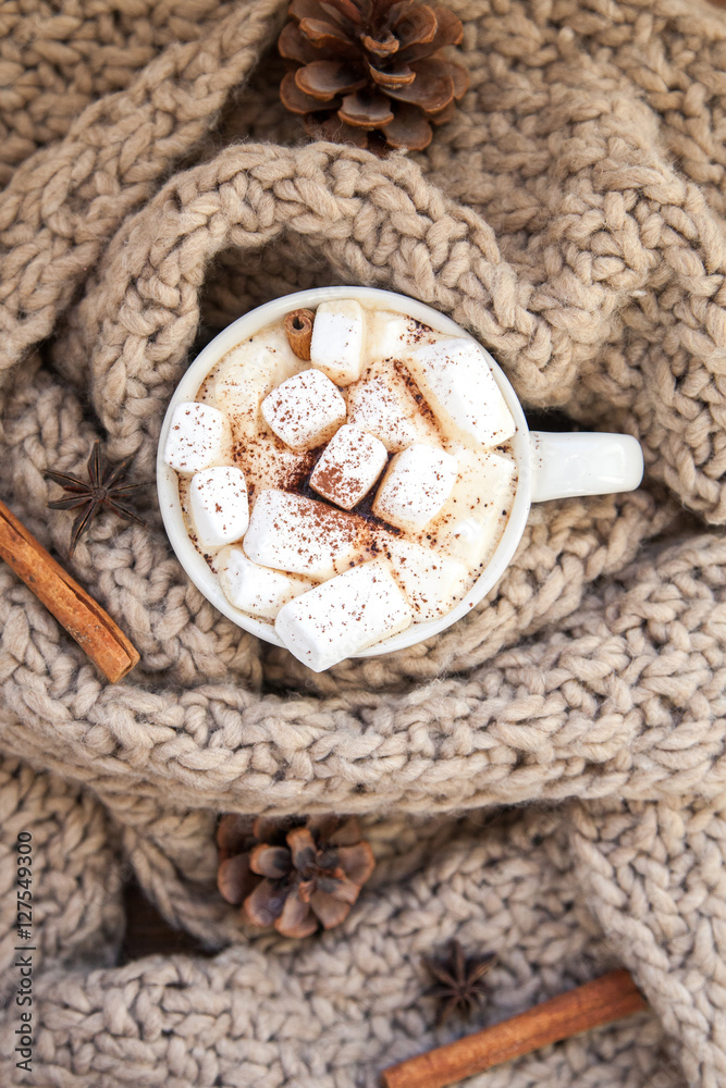 Fototapeta premium Coffee with marshmallows. A cozy plaid. Cinnamon, anise.