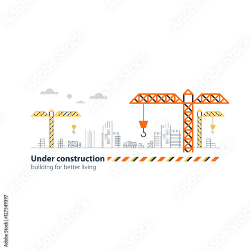 Real estate building company, under construction site banner, cranes