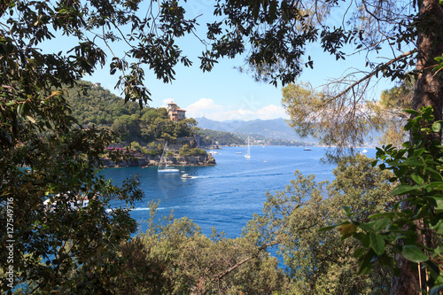 Liguria coast and Mediterranean Sea with boats near Portofino, Italy