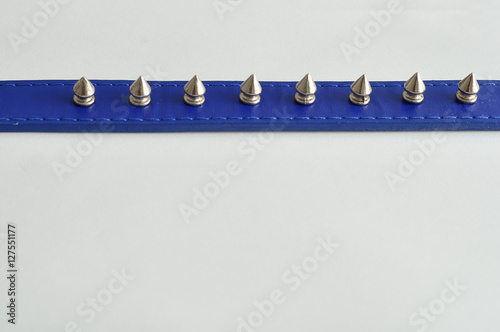 A blue dog collar decorated with spikes