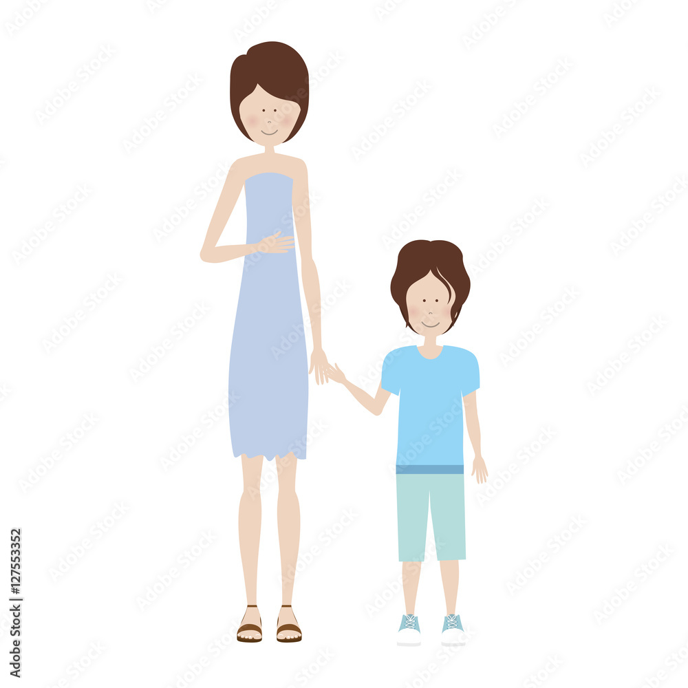mother holding hand a little boy vector illustration