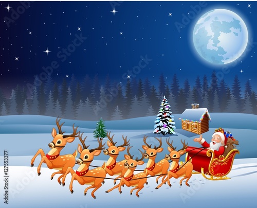 Santa Claus rides reindeer sleigh in Christmas night
