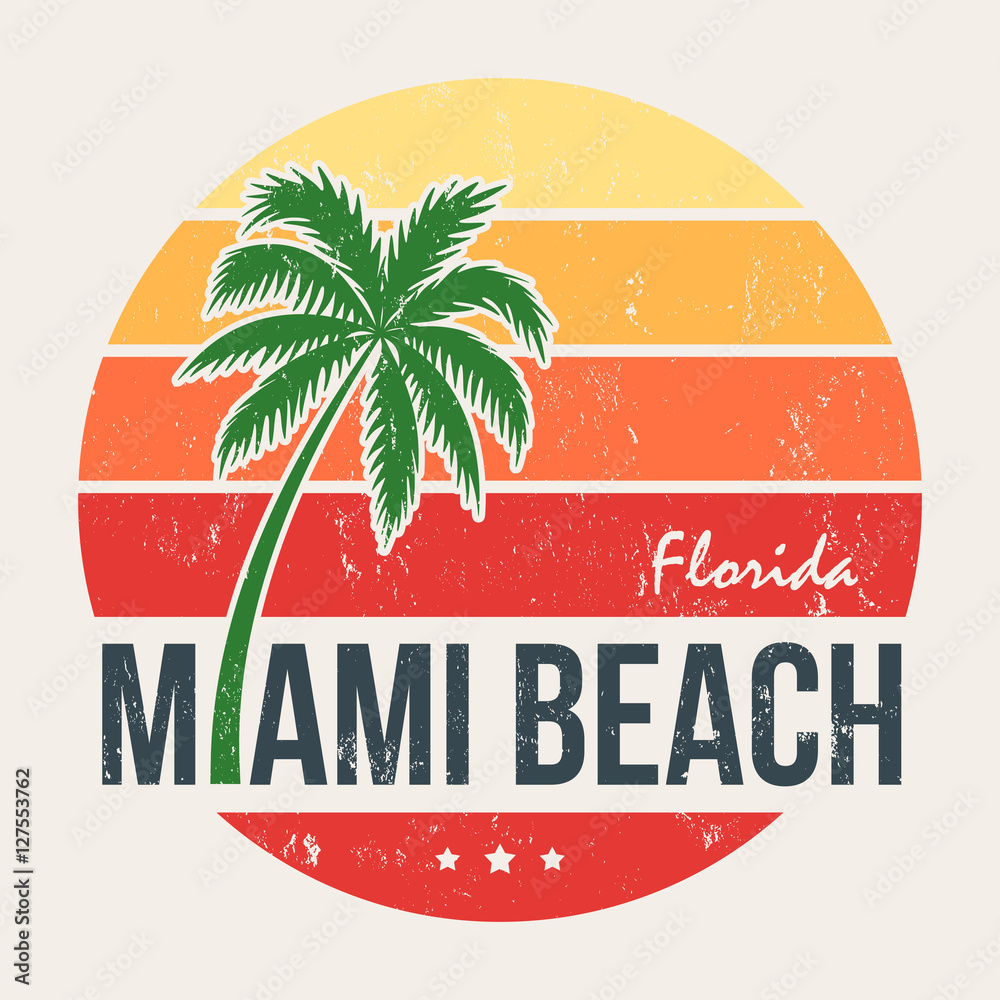 Miami beach Florida tee print with palm tree. T-shirt design, graphics,  stamp, label, typography. Stock Vector | Adobe Stock
