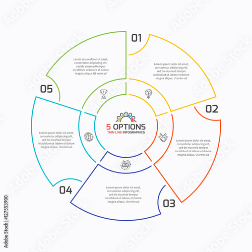 Thin line pie chart infographic template with 5 options. 