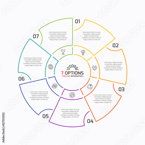 Thin line pie chart infographic template with 7 options. 