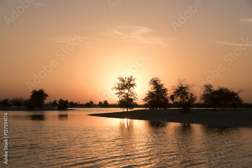 Sunset at Al Qudra Lake in Dubai, United Arab Emirates.