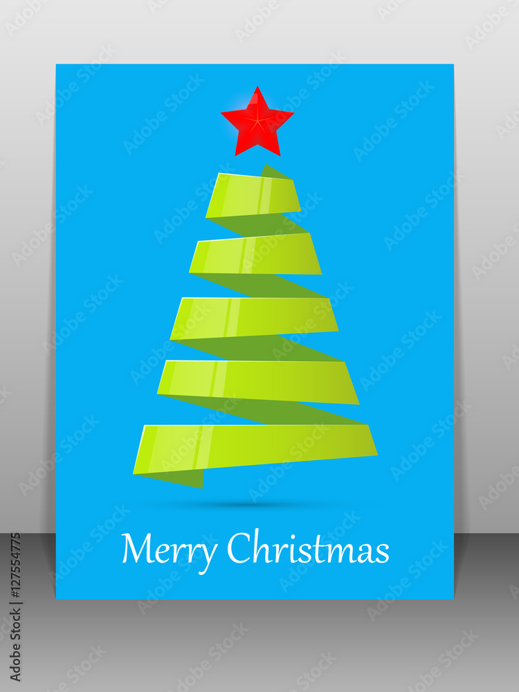 Green Christmas tree from ribbon with red star. Vector illustration