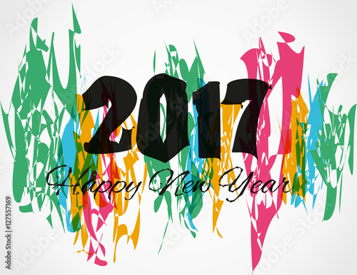 Happy new year 2017 creative greeting card design. Year 2017 vector design element. Colored paint splashes sphere isolated on white background