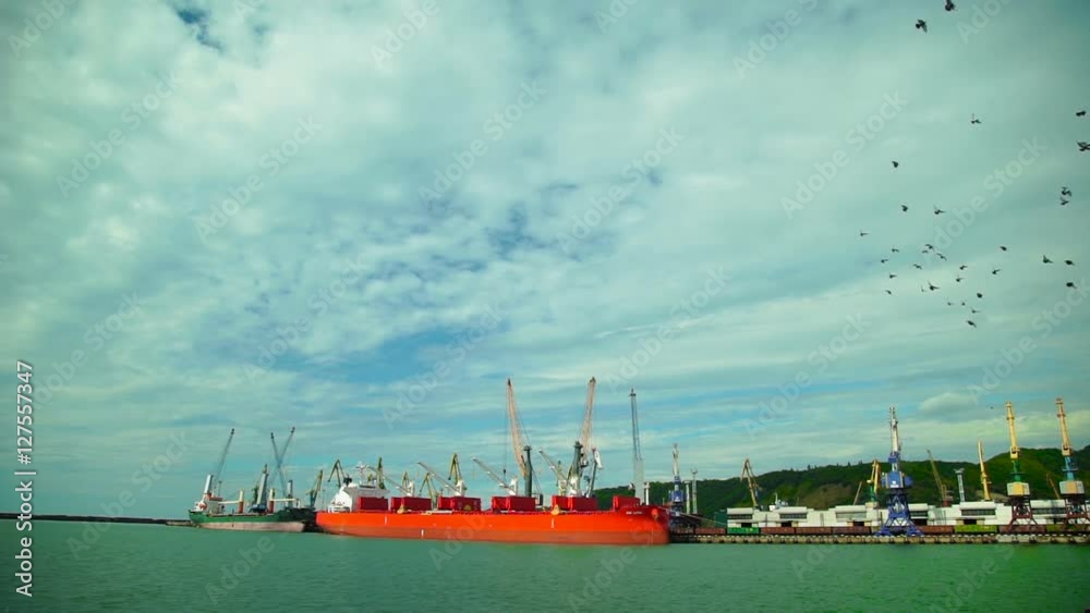 Two Cargo Ship, Red and Green, Loaded in the Port of Cargo .Cranes Loaded Iron and Coal to the Ship Two Cargo Ship, Red and Green, Loaded in the Port of Cargo .Cranes Loaded Iron and Coal to the Ship