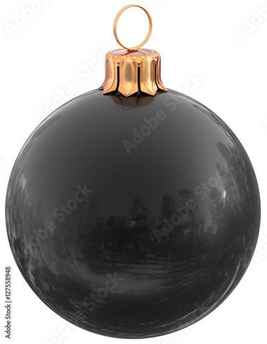 Christmas ball black New Year's Eve bauble decoration shiny wintertime hanging sphere adornment souvenir. Traditional ornament happy winter holidays Merry Xmas symbol closeup. 3d illustration isolated