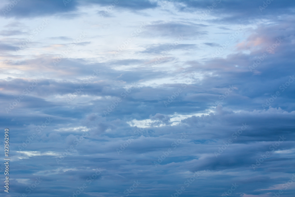 Blue sky background with gray clouds after the sunset.