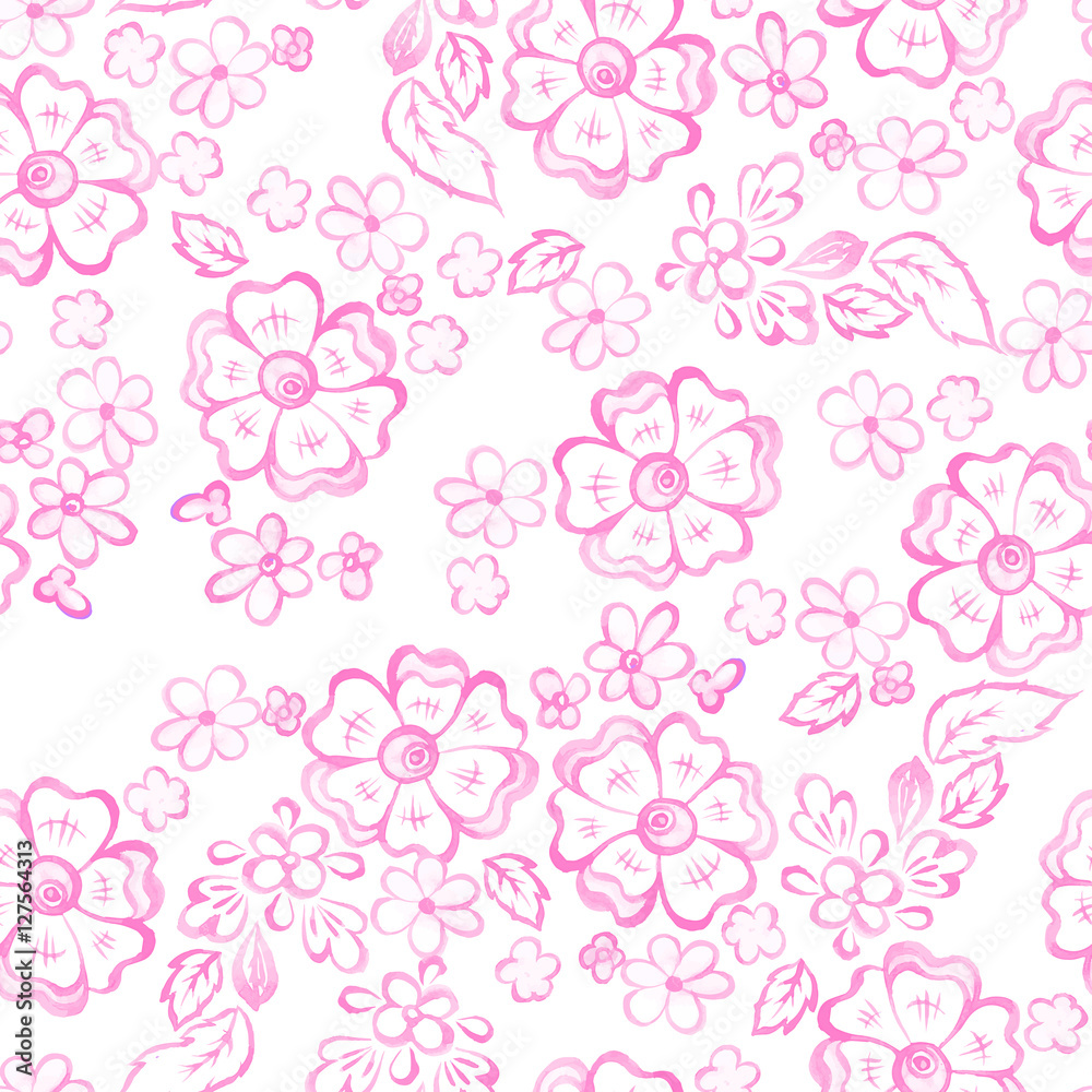 watercolor flowers and leaf seamless pattern in russian folk style. vector floral background