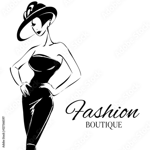 Black and white fashion woman model with boutique logo background. Hand drawn vector