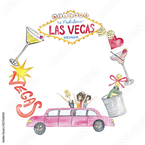 Canvas Print Las Vegas Illustration Casino Watercolor Hand-painted Isolated on the white Part