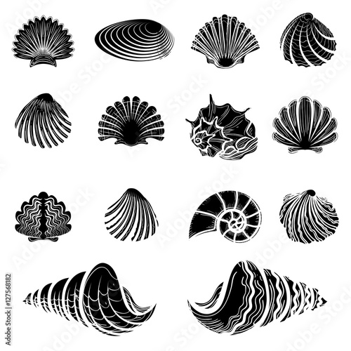 Black sea shells silhouettes collection isolated on white vector