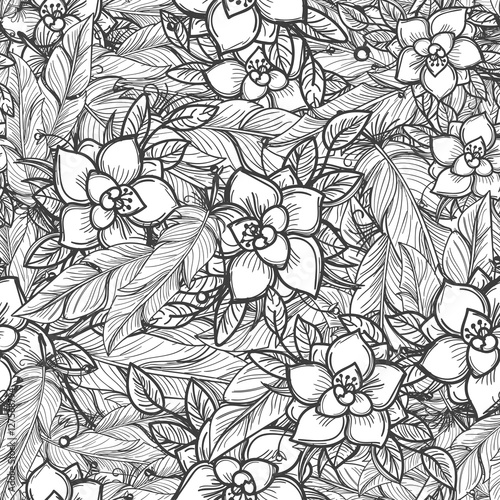 Boho seamless pattern with vector flowers and feathers