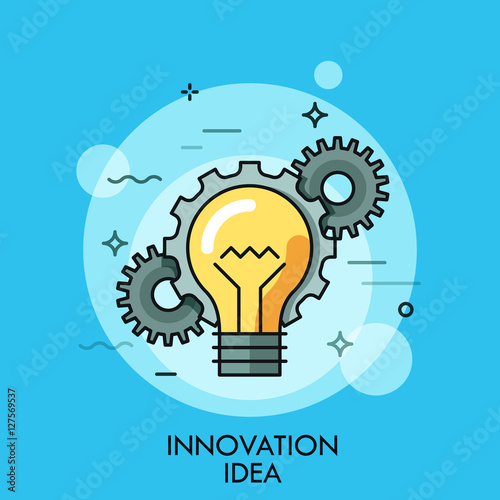 Thin line icon with flat design element of bright idea in human head