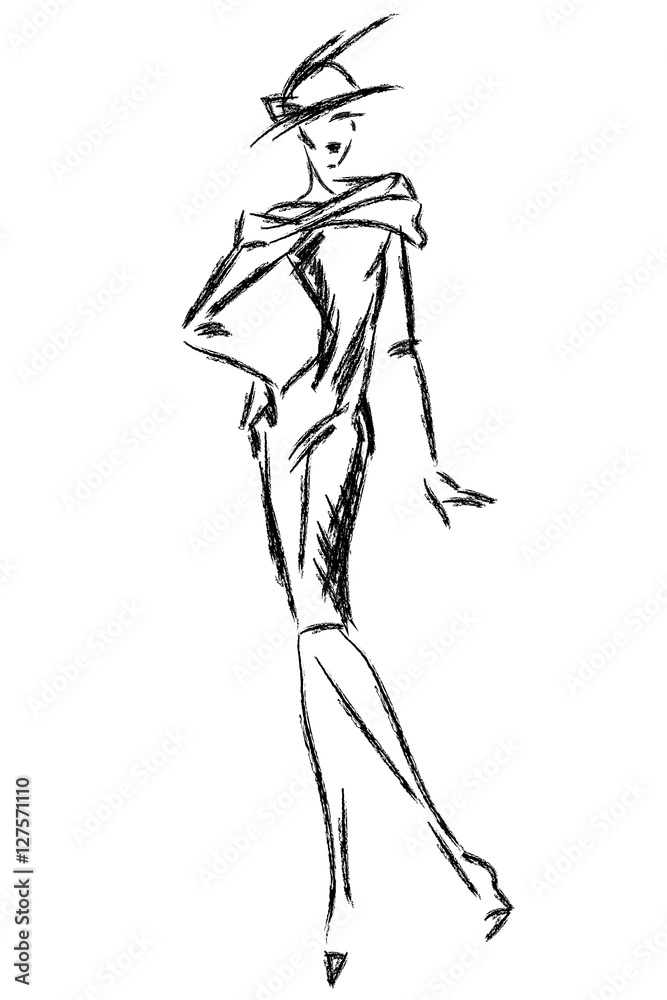 Black and white retro fashion woman model. Hand drawn vector