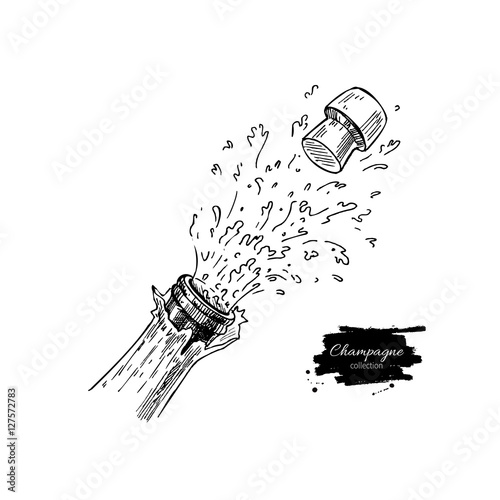 Champagne bottle explosion. Hand drawn isolated vector illustrat