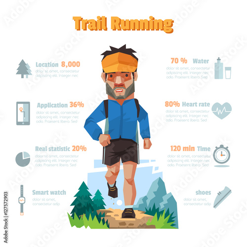 A man run in the forest, Trail running, Info-graphic elements.