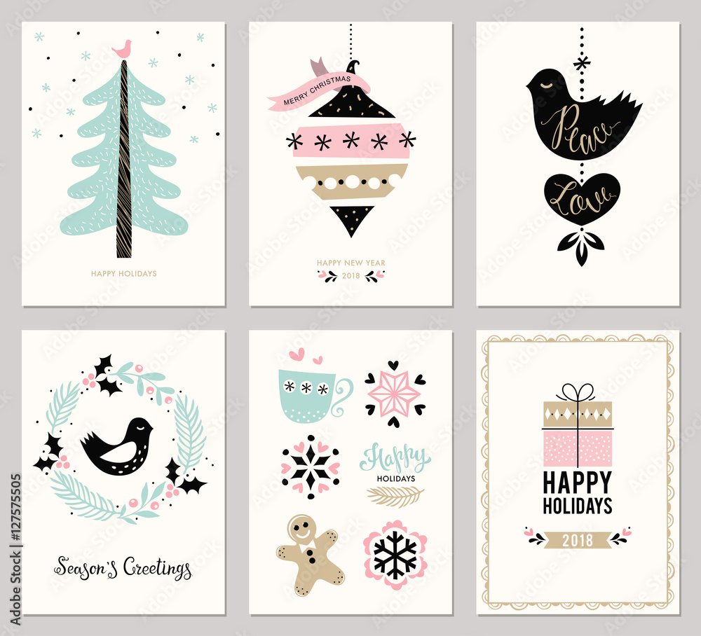 Merry Christmas and Happy Holidays cards set with New Year tree,  snowflakes, gift box, dove, bird and wreath. Greeting cards in trending pink,  gold and black colors. Stock Vector | Adobe Stock