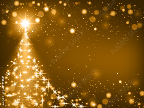 Shining Christmas gold background with Christmas tree, vector illustration.