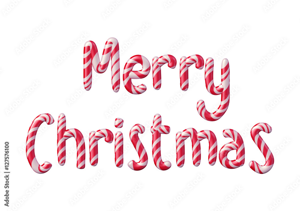 3d festive Merry Christmas text isolated on white background, red candy cane letters, holiday