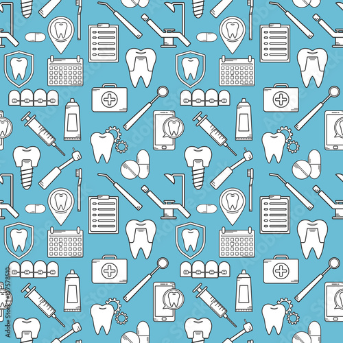 Seamless vector pattern in a dental linear style. Background for web site dental clinic. Orthodontics, implants.