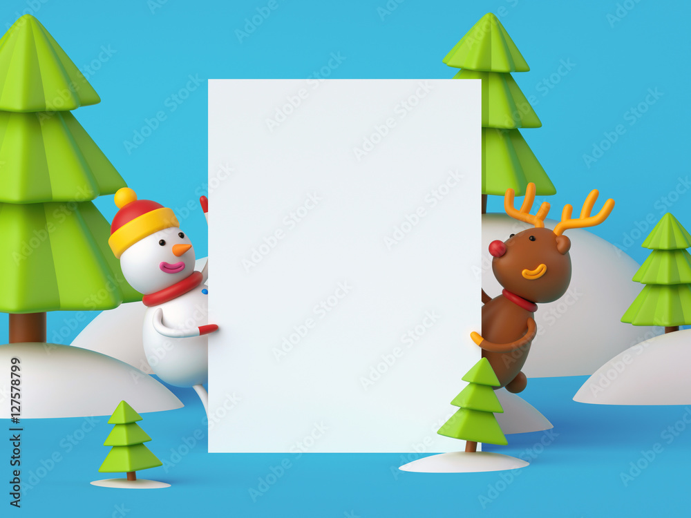 3d cartoon snowman and deer, blank Christmas banner, vertical poster  template, blue holiday background, greeting card Stock Illustration | Adobe  Stock