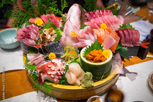 Japanese plate of sashimi with raw seafood