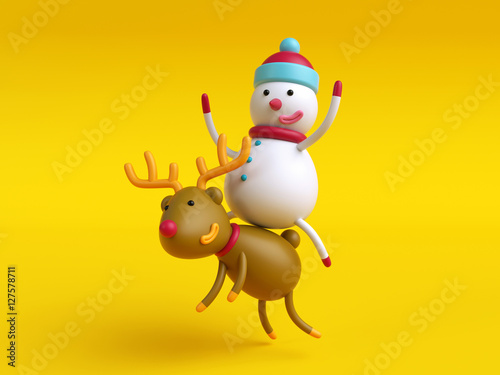3d cartoon snowman riding the deer, activity, Christmas greeting card, holiday background