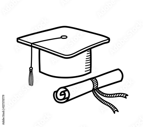 Graduation Cap Diploma Hat Education Doodle. A hand drawn vector doodle illustration of a graduation cap and a diploma.