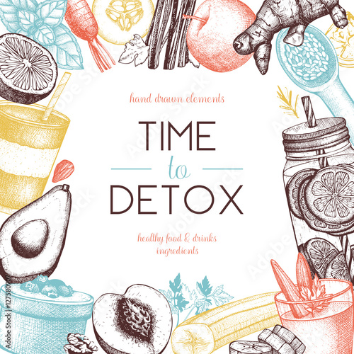 Healthy life card design. Vector background with hand drawn vegetarian products sketch. Detox food and drinks ingredients illustration. Diet template