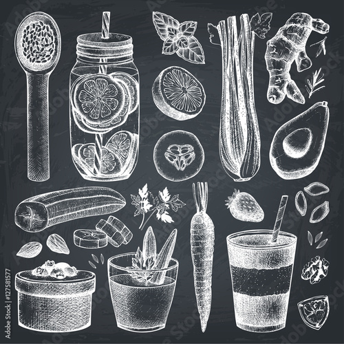 Vector collection of hand drawn vegetarian food and drinks ingredients. Detox diet products sketch set. Vintage healthy eating illustration on chalkboard