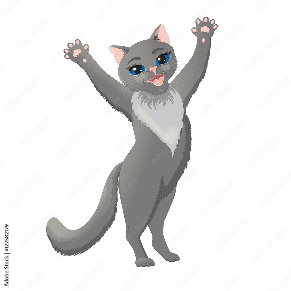 Obraz premium Szary kot kreskówka podnosząc ręce