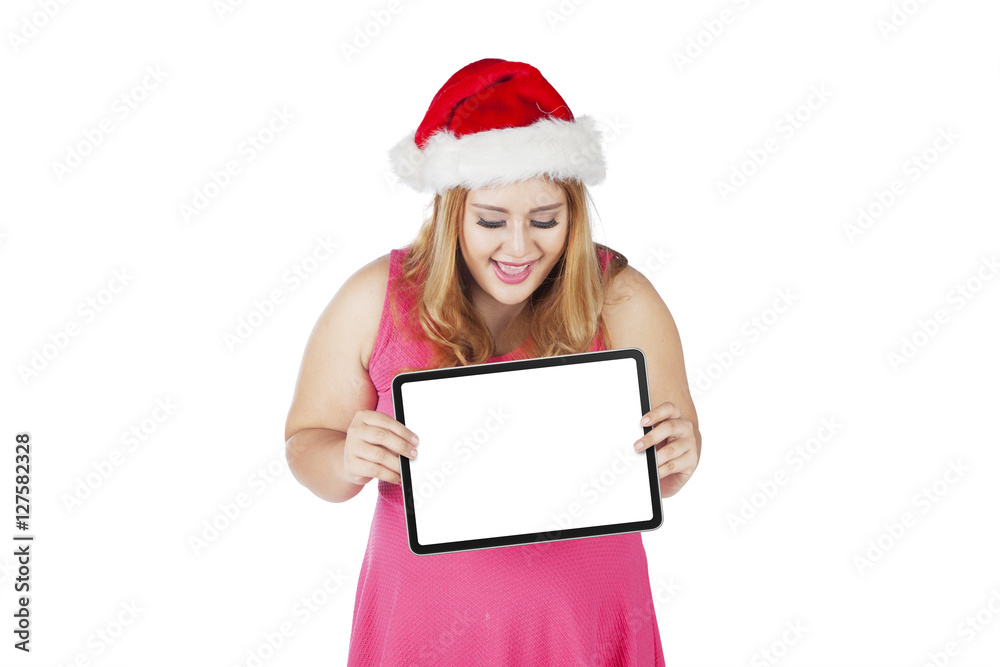 Happy woman showing blank board Happy woman showing blank board