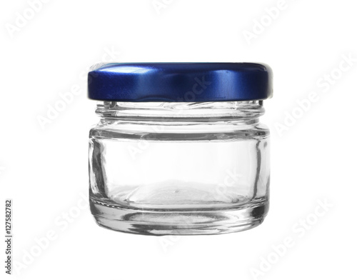Short Glass Bottle Blue Cap isolated on white background clippin