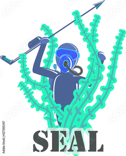 Scuba diver with the underwater gun. Cartoon image of underwater hunter. Vector illustration EPS10