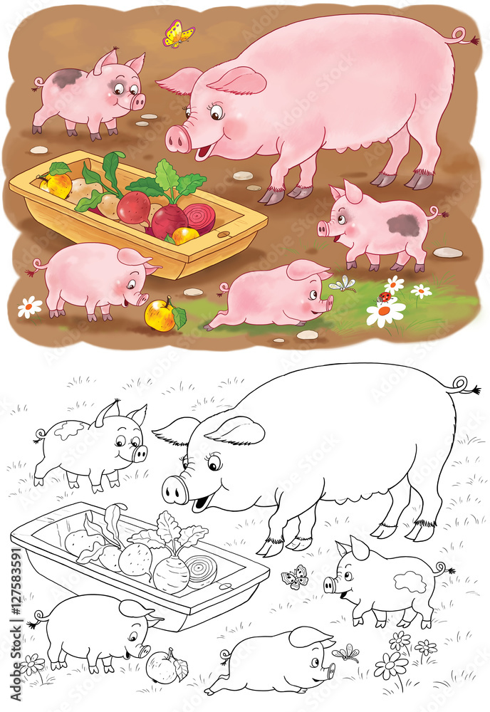 Cute farm animals. Family of cute pigs. Coloring book. Coloring page. Funny cartoon characters ...