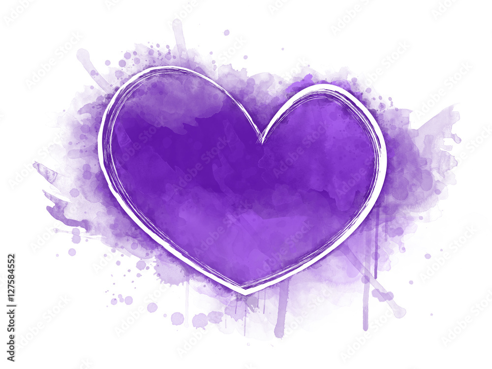 Wasserfarbe Farbfleck in violett mit weißem Herz, hochauflösende Illustration für kreative Designhintergründe