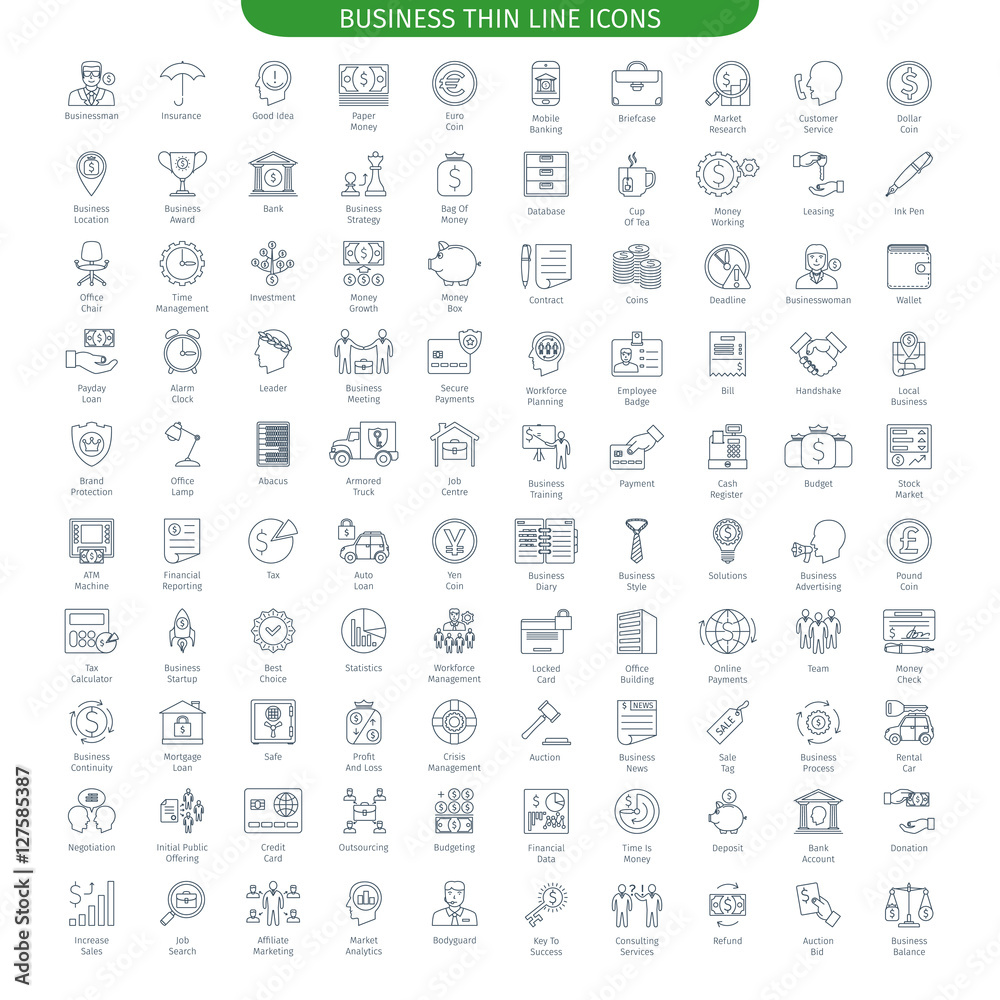 One Hundred Thin Line Icons Set Of Finance And Business. 100 Linear style icons. Web Elements Collection