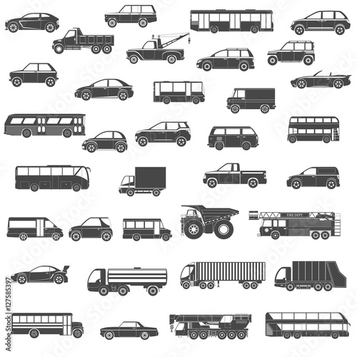Set Of Black Silhouette Car, Bus and Truck Icons. Isolated Vector Illustration © Genestro
