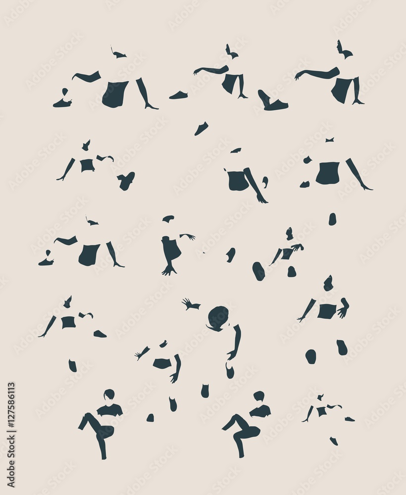 Sporty woman sits on a floor. Short hair girl silhouette collection Sporty woman sits on a floor. Short hair girl silhouette collection
