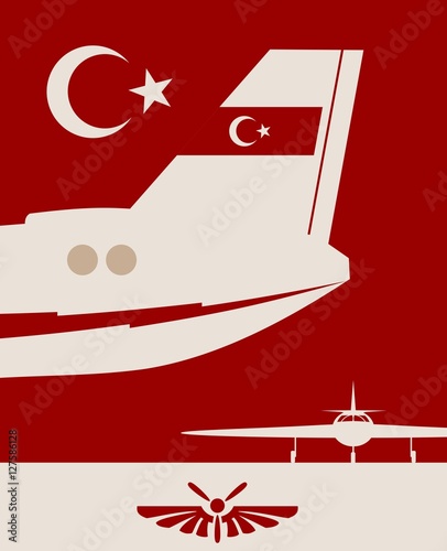 Vertical banner with the image of an airplane tail. Air company logo. Turkey flag as backdrop