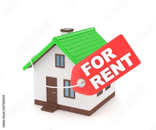 Miniature model of house real estate for rent label on white background. 3D rendering.