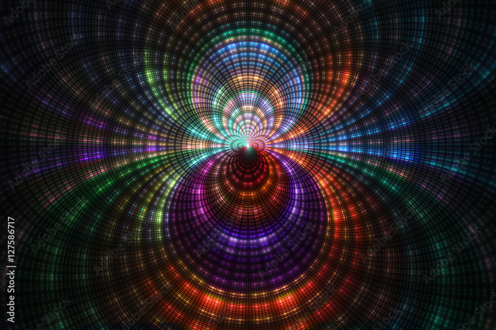 Night lights. Abstract fantasy multicolored ornament on black background. Symmetrical pattern. Computer-generated fractal in red, orange, rose, green, blue and violet colors.