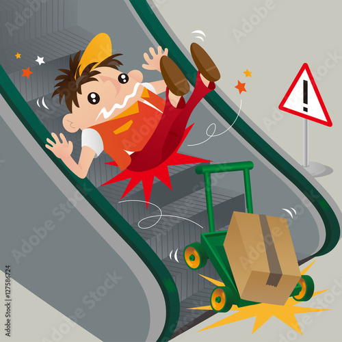 A careless deliveryman slipping on escalator