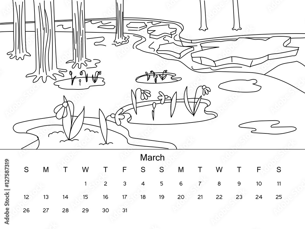 Calendar with coloring book vector illustration Stock Vector | Adobe Stock